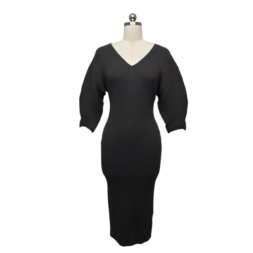Mare Mare Ribbed Knit V-Neck Balloon Sleeve Midi Dress Dark Brown Size Small